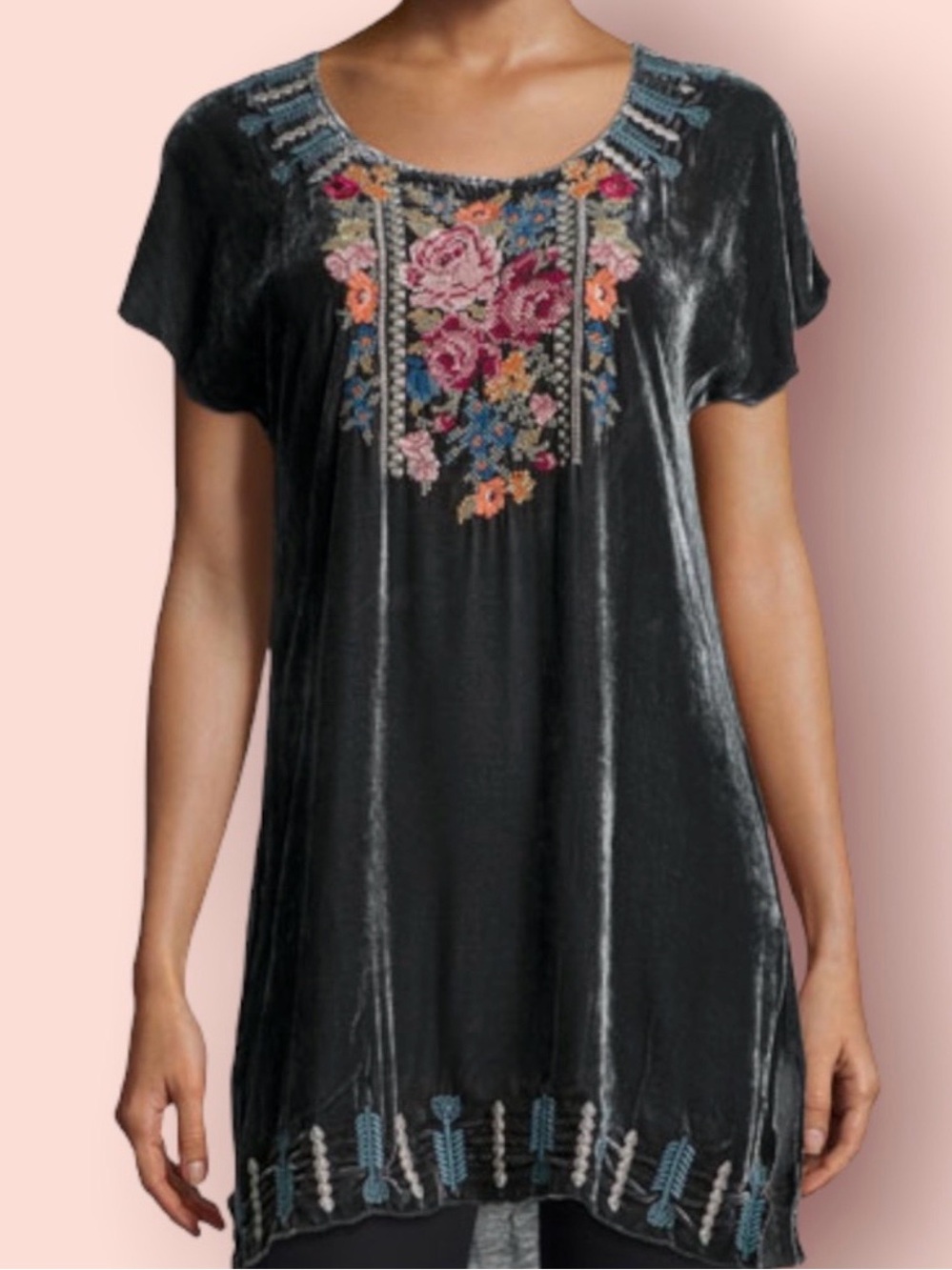 Johnny Was Nanette Gray Short Sleeve Embroidered Velvet Tunic